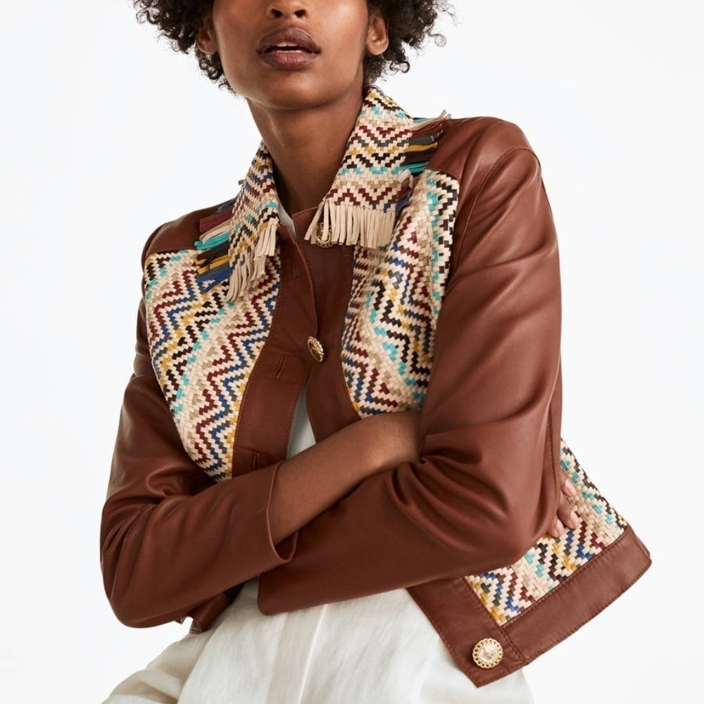 Uterqüe Brown Color Weaved Leather Jacket Size M